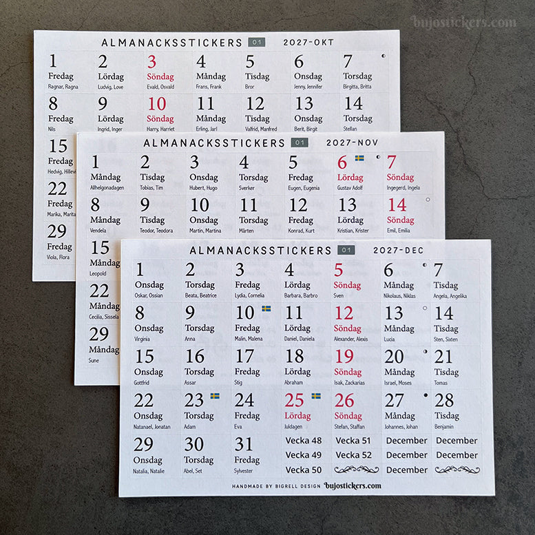 Almanacksstickers 01 och helgdagar • Swedish calendar stickers