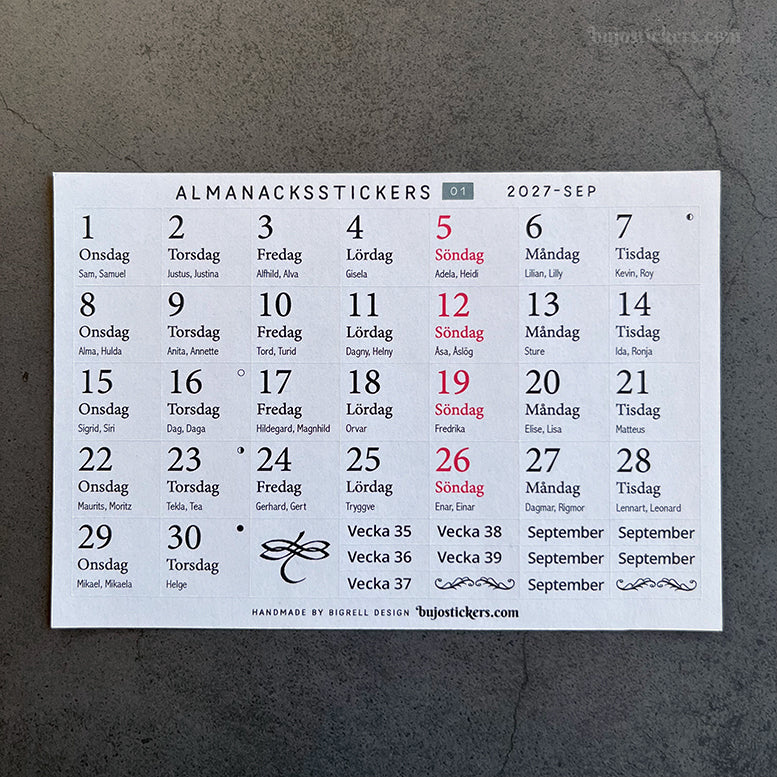 Almanacksstickers 01 och helgdagar • Swedish calendar stickers