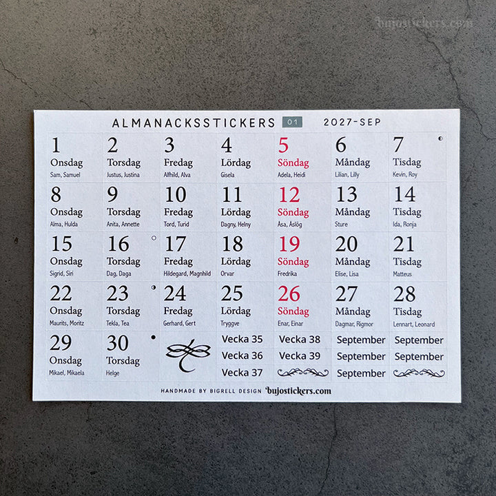 Almanacksstickers 01 och helgdagar • Swedish calendar stickers