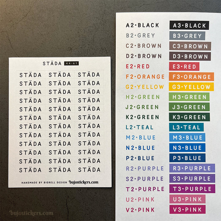 Städa 44 • Stickers på svenska 🇸🇪 • Många färgval • Headings in Swedish