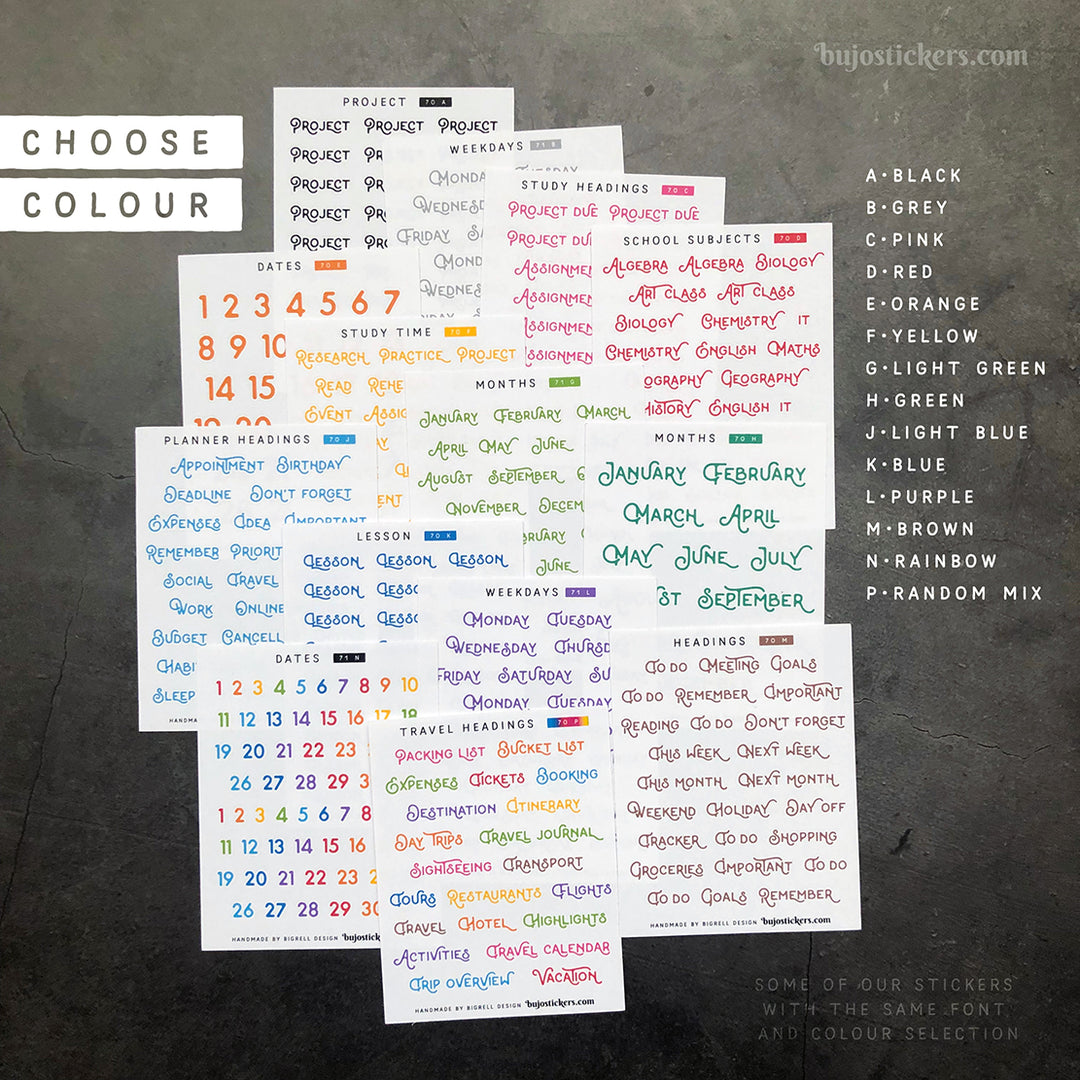 Headings 70 • Mixed planner heading stickers • 14 colour options