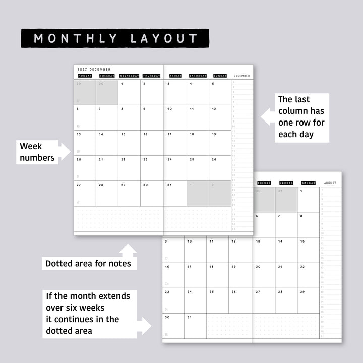 Monthly calendar in regular size • Traveler's notebook • 12 months • 8 languages • A01