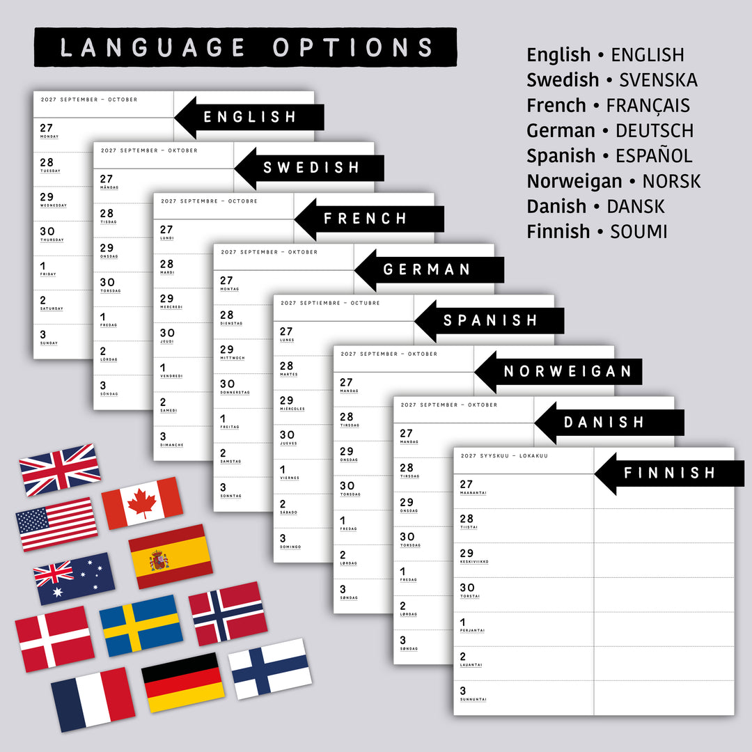 Dated Traveler's notebook in 8 languages • Regular size • Weekly horizontal calendar • Custom options • A02
