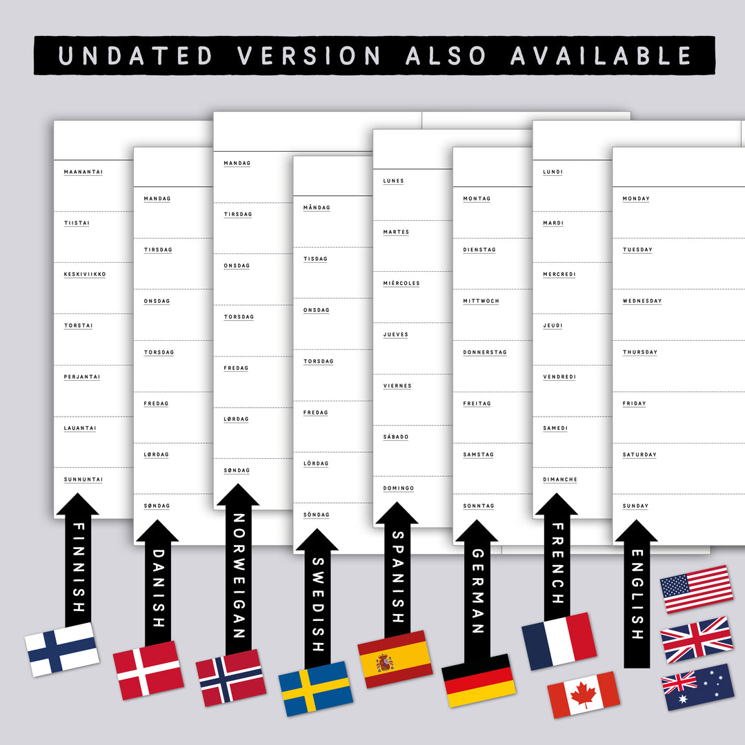 Dated Traveler's notebook in 8 languages • Regular size • Weekly horizontal calendar • Custom options • A02