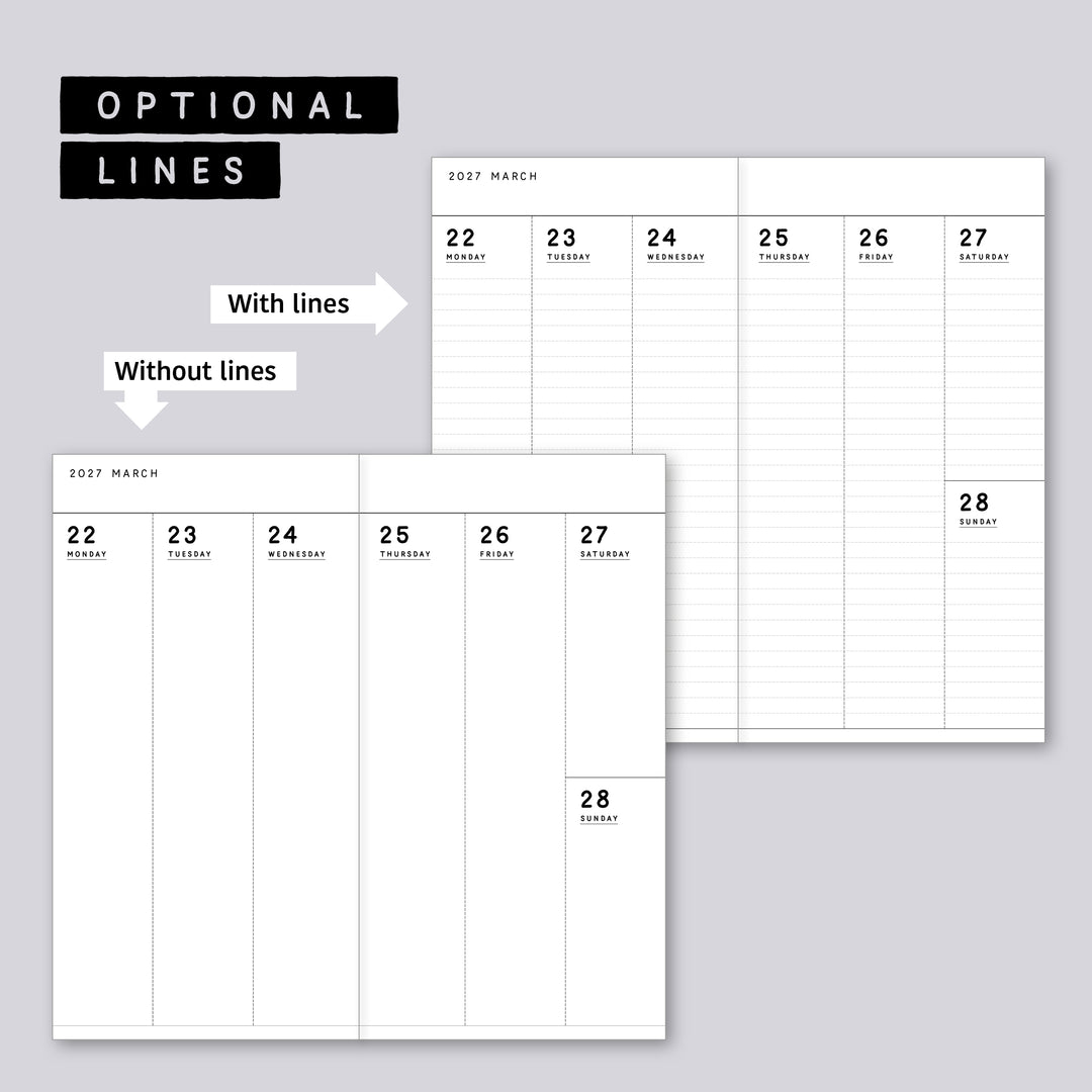 Dated Traveler's notebook in 8 languages • Regular size • Weekly vertical calendar • Custom options • A03