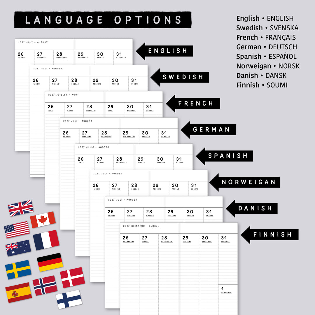 Dated Traveler's notebook in 8 languages • Regular size • Weekly vertical calendar • Custom options • A03