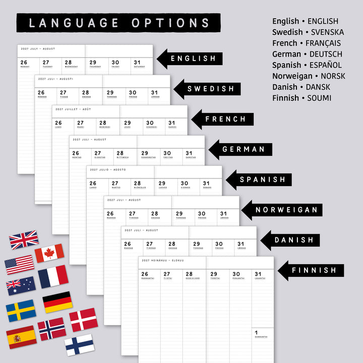 Dated Traveler's notebook in 8 languages • Regular size • Weekly vertical calendar • Custom options • A03