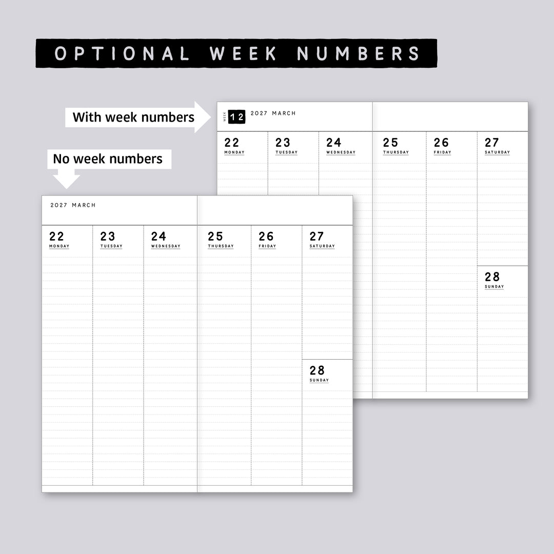 Dated Traveler's notebook in 8 languages • Regular size • Weekly vertical calendar • Custom options • A03