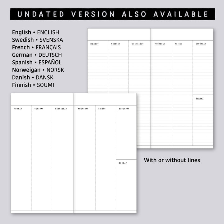 Dated Traveler's notebook in 8 languages • Regular size • Weekly vertical calendar • Custom options • A03