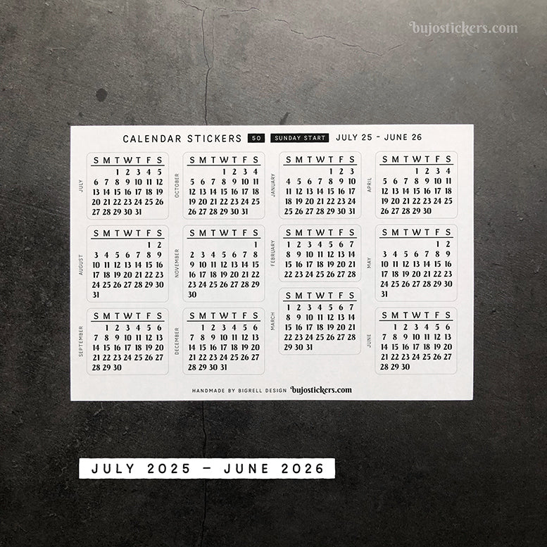 Calendar & Month SET • Sunday start • 29 colour options • 50+53