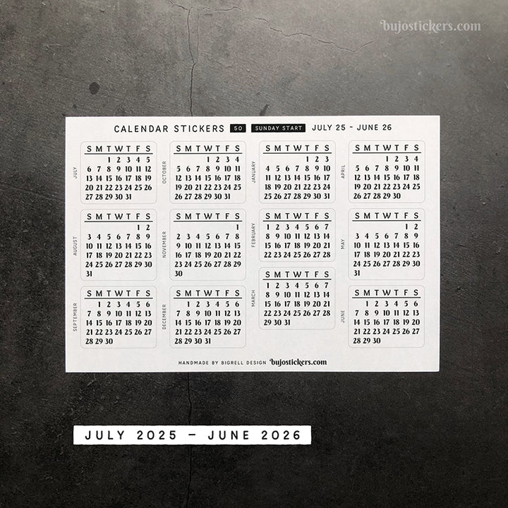 Calendar & Month SET • Sunday start • 29 colour options • 50+53