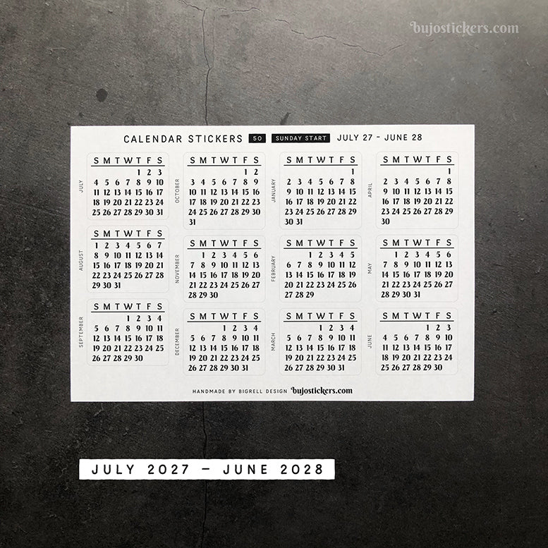 Calendar & Month SET • Sunday start • 29 colour options • 50+53