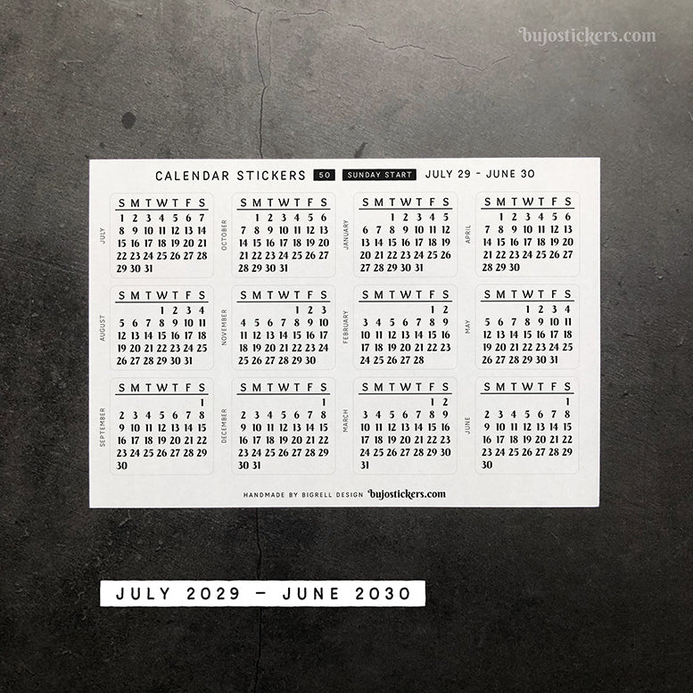 Calendar & Month SET • Sunday start • 29 colour options • 50+53