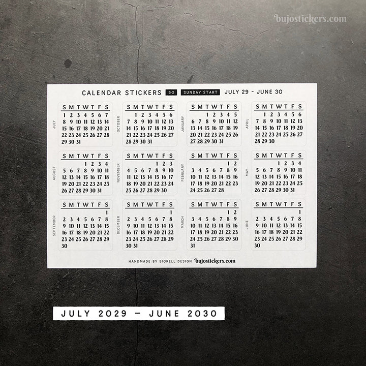 Calendar & Month SET • Sunday start • 29 colour options • 50+53