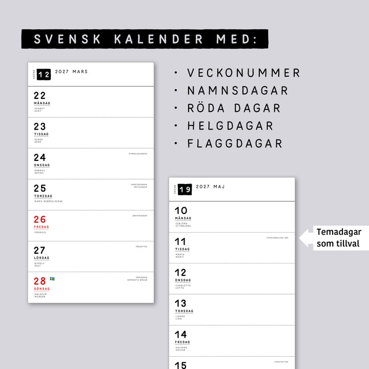 Traveler's Notebook daterad svensk horisontell veckokalender • Regular size • Swedish weekly calendar 🇸🇪  A02-SE