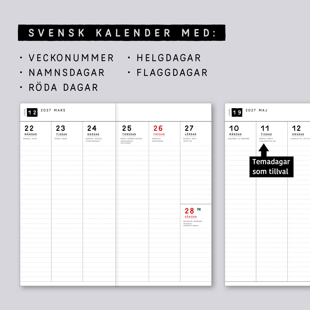Traveler's Notebook daterad svensk stående veckokalender • Regular size • Swedish weekly calendar 🇸🇪  A03-SE