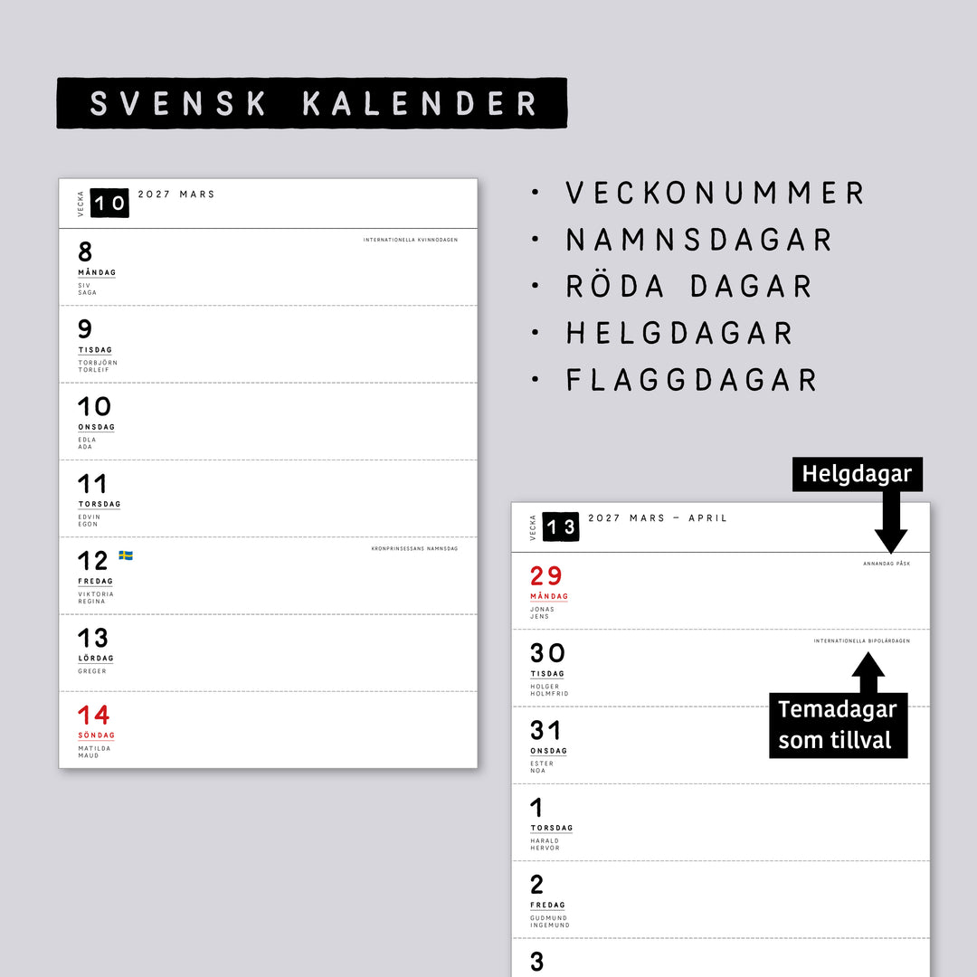Traveler's Notebook daterad svensk horisontell veckokalender • B6 size • Swedish weekly calendar 🇸🇪  A02-SE