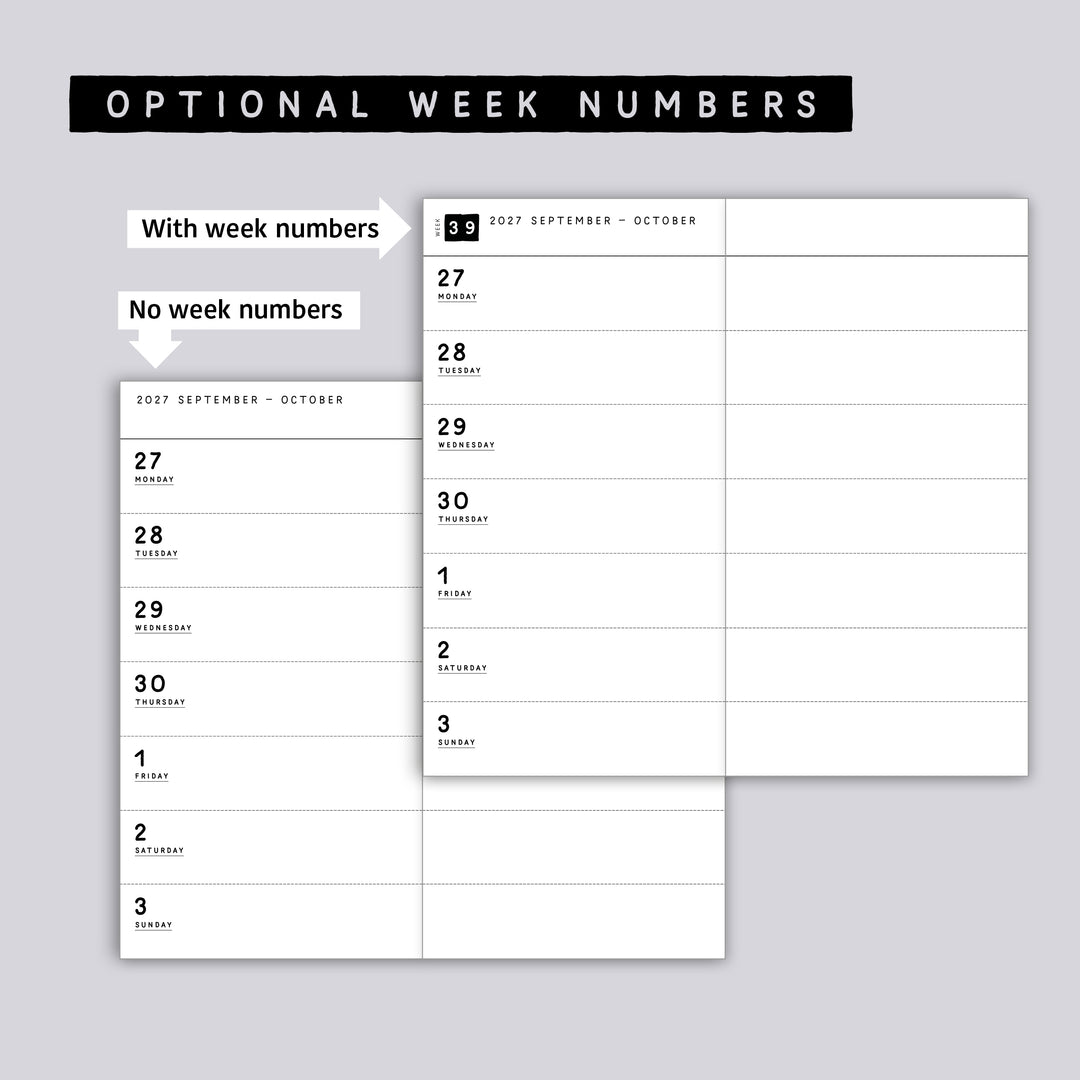 Dated Traveler's notebook in 8 languages • Regular size • Weekly horizontal calendar • Custom options • A02