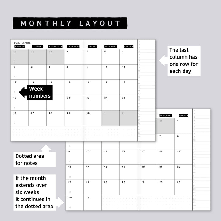 Monthly calendar in B6 size • Traveler's notebook • 12 months • 8 languages • A01