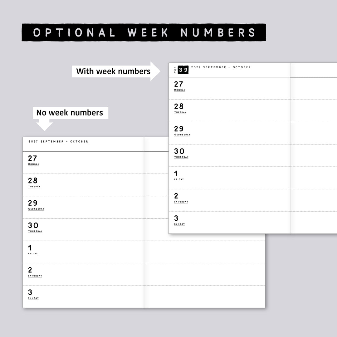 Dated Traveler's notebook in 8 languages • B6 size • Weekly horizontal calendar • Custom options • A02