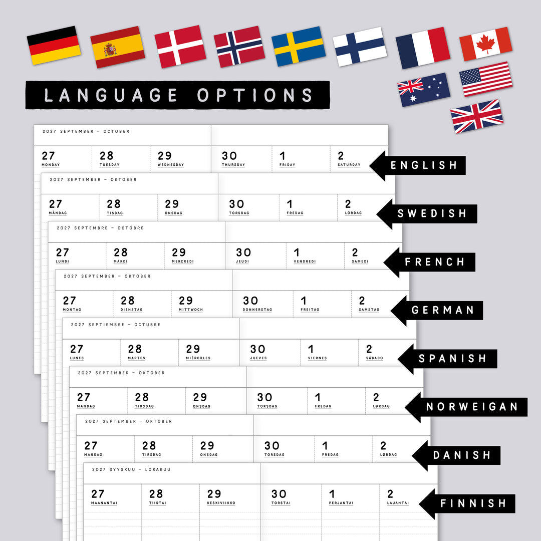 Dated Traveler's notebook in 8 languages • B6 size • Weekly vertical calendar • Custom options • A03