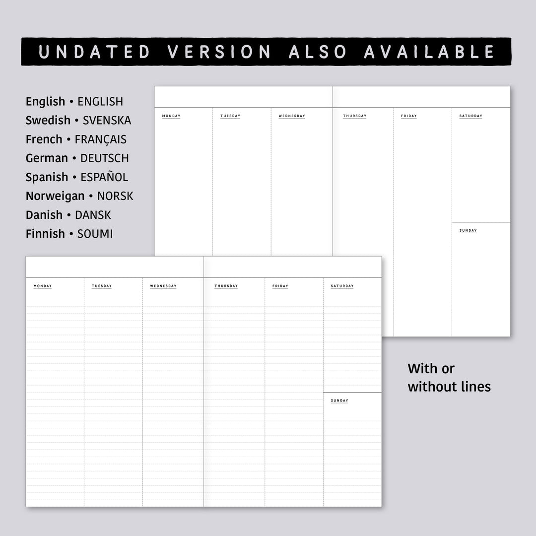 Dated Traveler's notebook in 8 languages • B6 size • Weekly vertical calendar • Custom options • A03