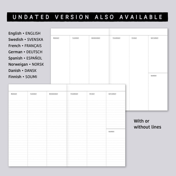 Dated Traveler's notebook in 8 languages • B6 size • Weekly vertical calendar • Custom options • A03