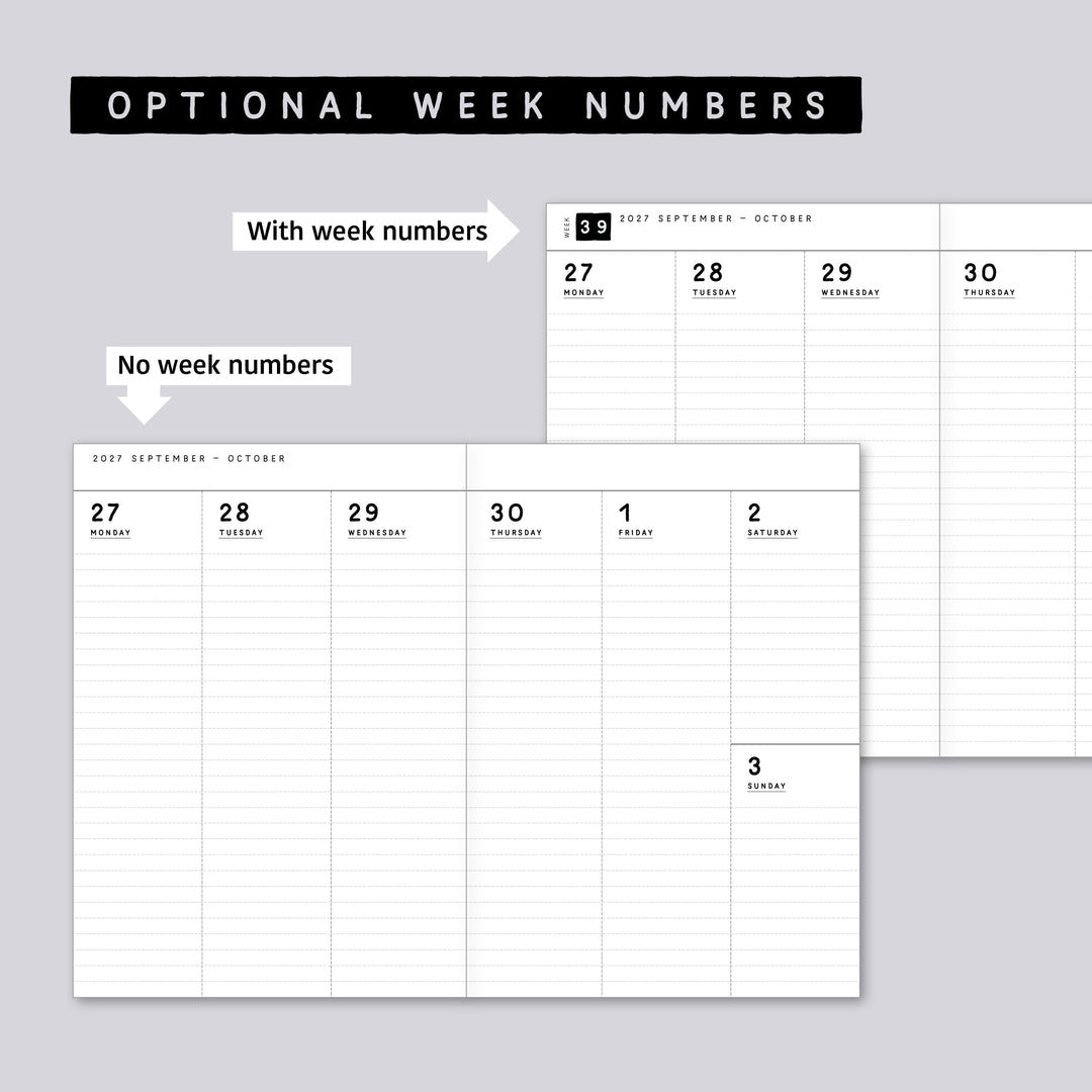 Dated Traveler's notebook in 8 languages • B6 size • Weekly vertical calendar • Custom options • A03