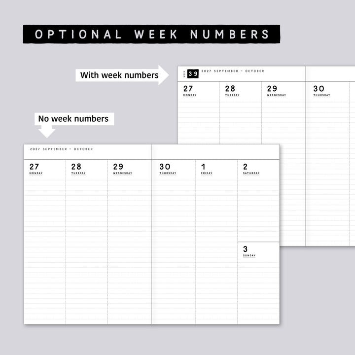 Dated Traveler's notebook in 8 languages • B6 size • Weekly vertical calendar • Custom options • A03