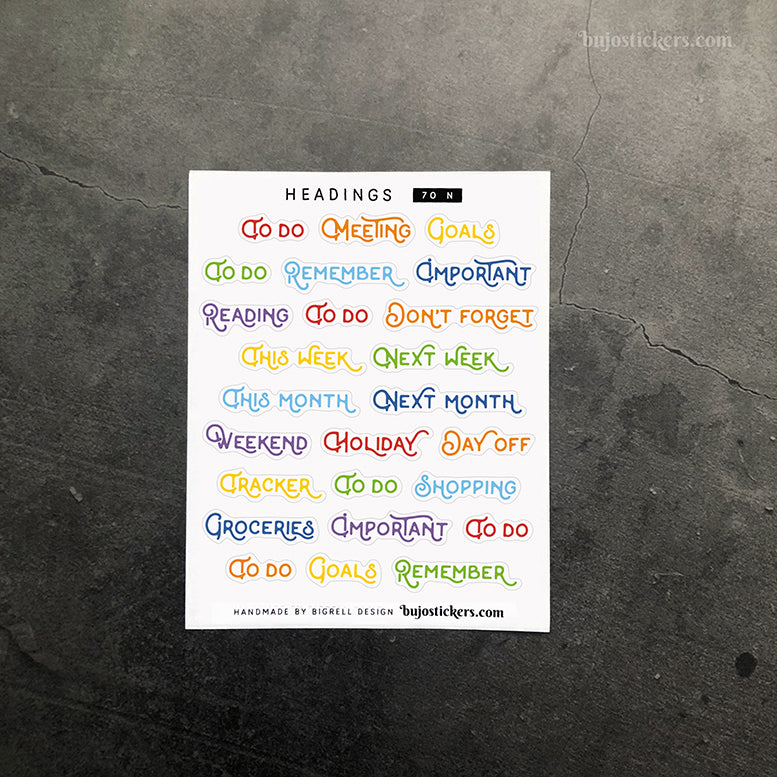 Headings 70 • Mixed planner heading stickers • 14 colour options