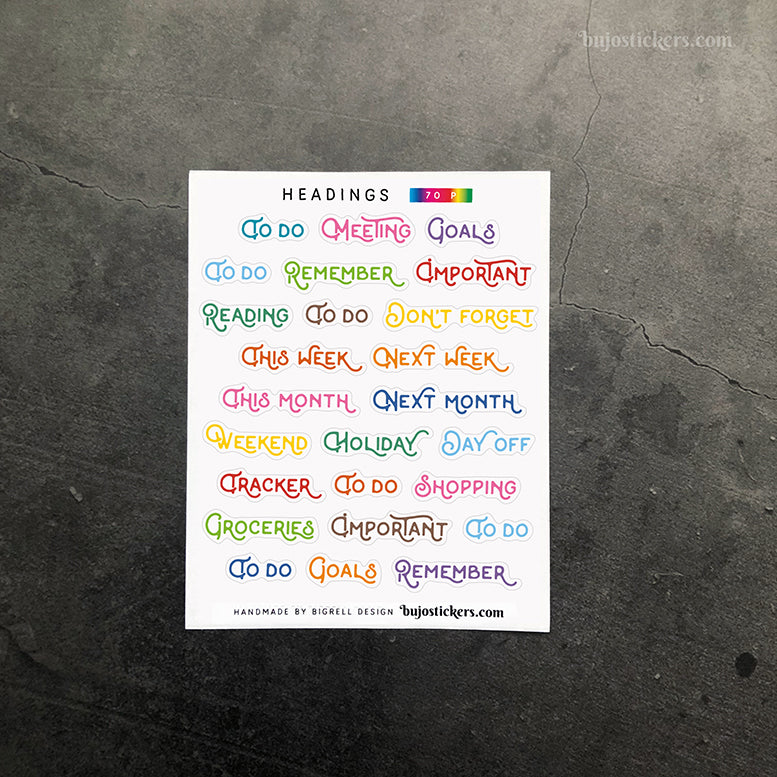 Headings 70 • Mixed planner heading stickers • 14 colour options