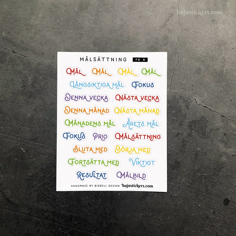 Målsättning 70 • Rubrikstickers på svenska 🇸🇪 • 14 färgval • Headings in Swedish