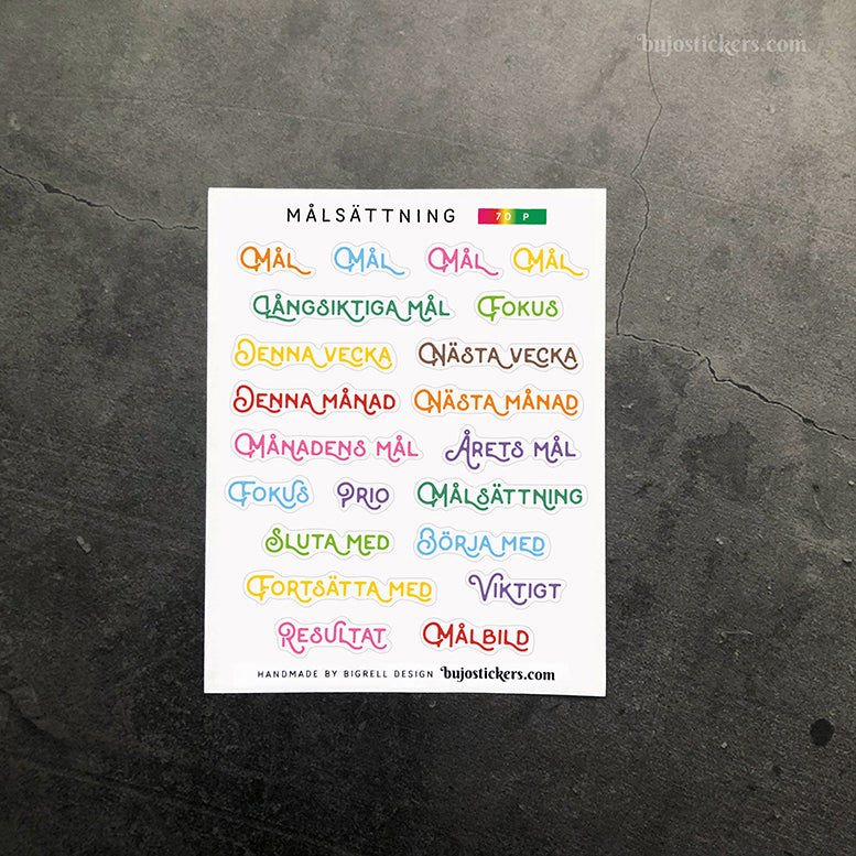 Målsättning 70 • Rubrikstickers på svenska 🇸🇪 • 14 färgval • Headings in Swedish