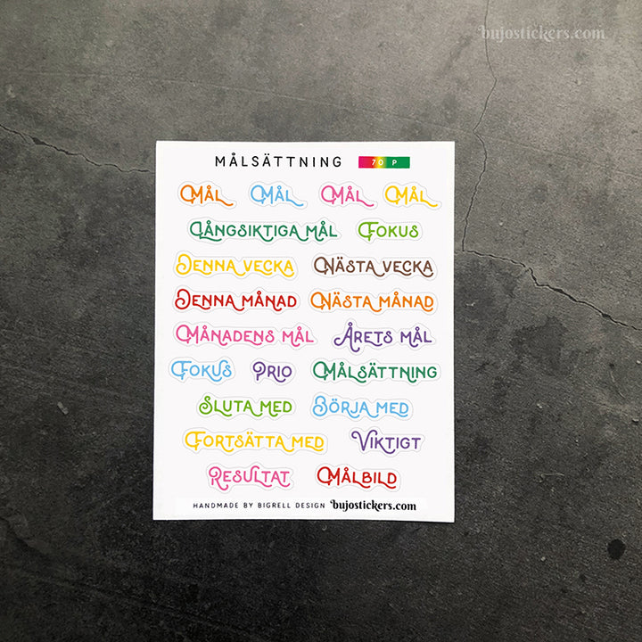 Målsättning 70 • Rubrikstickers på svenska 🇸🇪 • 14 färgval • Headings in Swedish