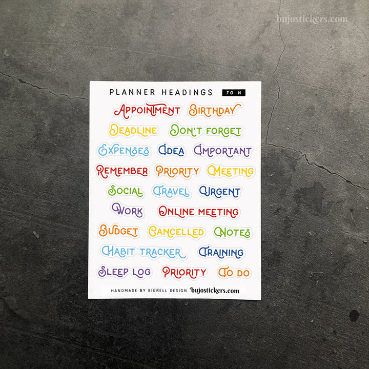 Planner headings 70 • Mixed planner heading stickers • 14 colour options