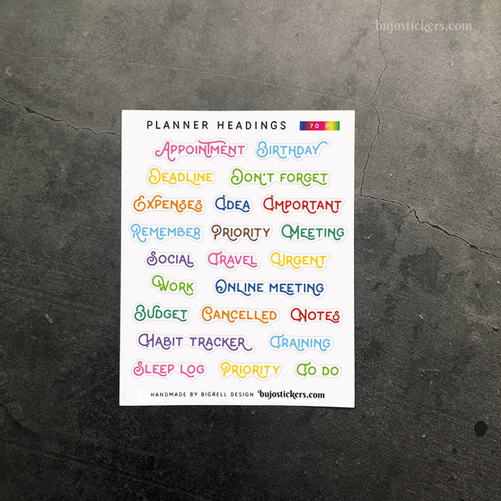 Planner headings 70 • Mixed planner heading stickers • 14 colour options
