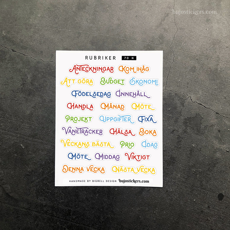 Rubriker 70 • Blandade rubrikstickers på svenska 🇸🇪 • 14 färgval • Headings in Swedish