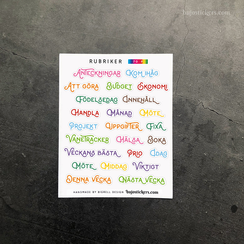 Rubriker 70 • Blandade rubrikstickers på svenska 🇸🇪 • 14 färgval • Headings in Swedish