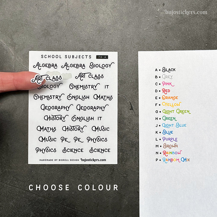 School subjects 70 • Heading stickers • 14 colour options
