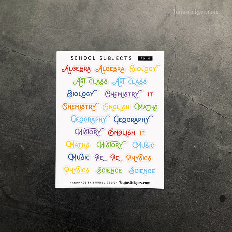 School subjects 70 • Heading stickers • 14 colour options