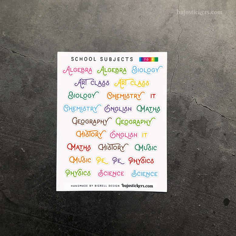 School subjects 70 • Heading stickers • 14 colour options
