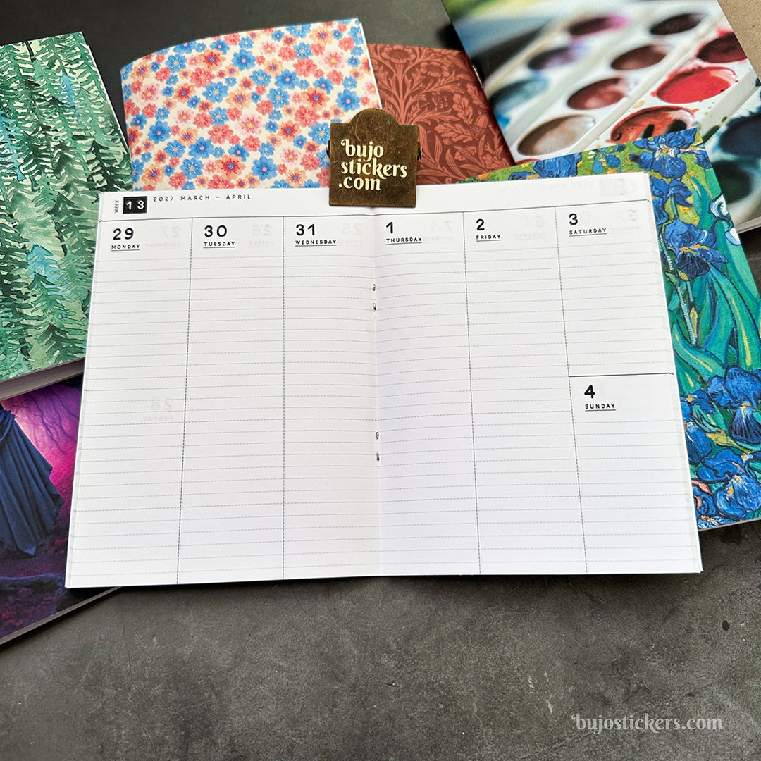 Dated Traveler's notebook in 8 languages • B6 size • Weekly vertical calendar • Custom options • A03