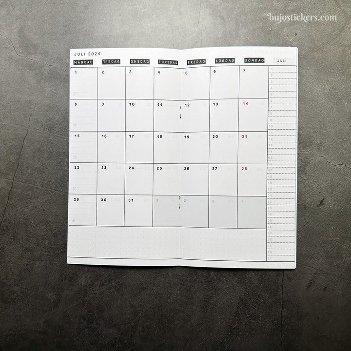 Traveler's Notebook 2024 daterad Månadskalender – Regular size – Swedish monthly calendar 🇸🇪