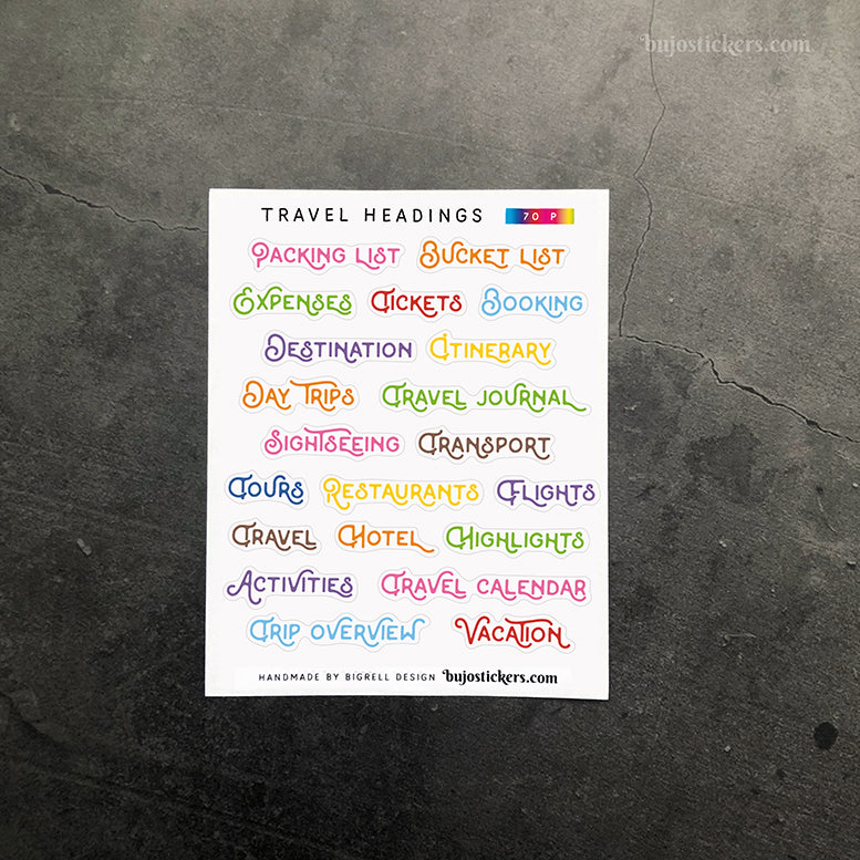 Travel headings 70 • Heading stickers • 14 colour options