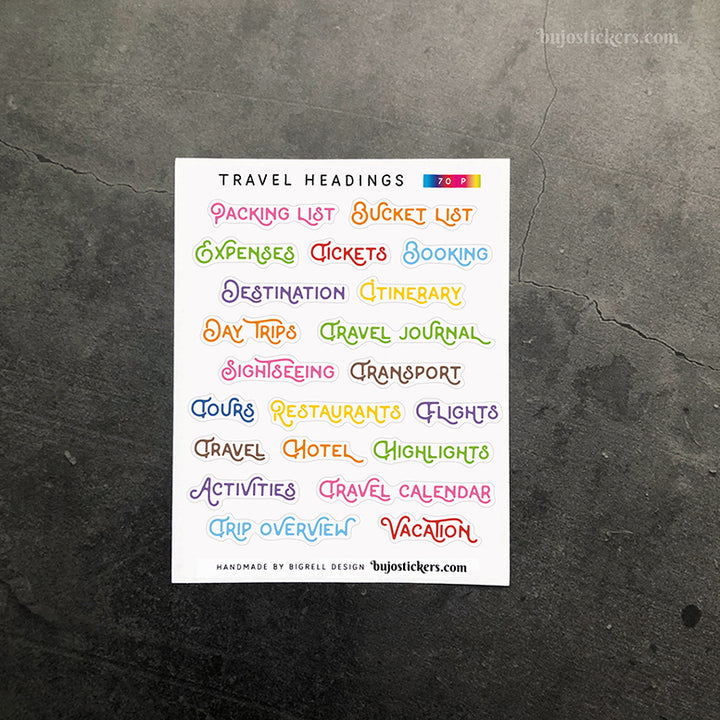 Travel headings 70 • Heading stickers • 14 colour options