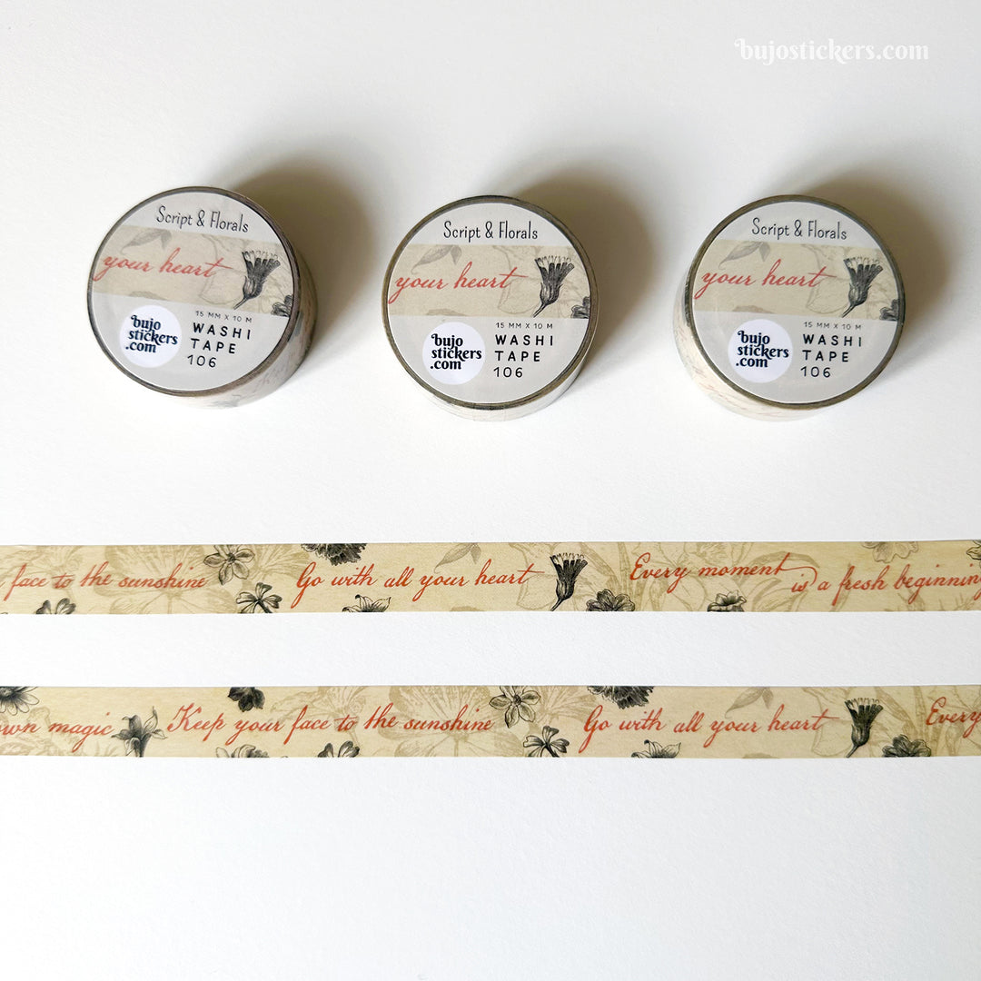 Washi tape 106 • Script quotes and vintage flower illustrations on old paper background • 15 mm x 10 m