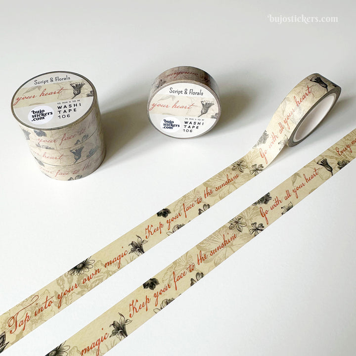 Washi tape 106 • Script quotes and vintage flower illustrations on old paper background • 15 mm x 10 m