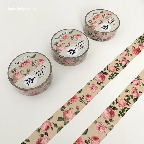 Washi tape 107 • Vintage Roses in pink, green and beige • 15 mm x 10 m