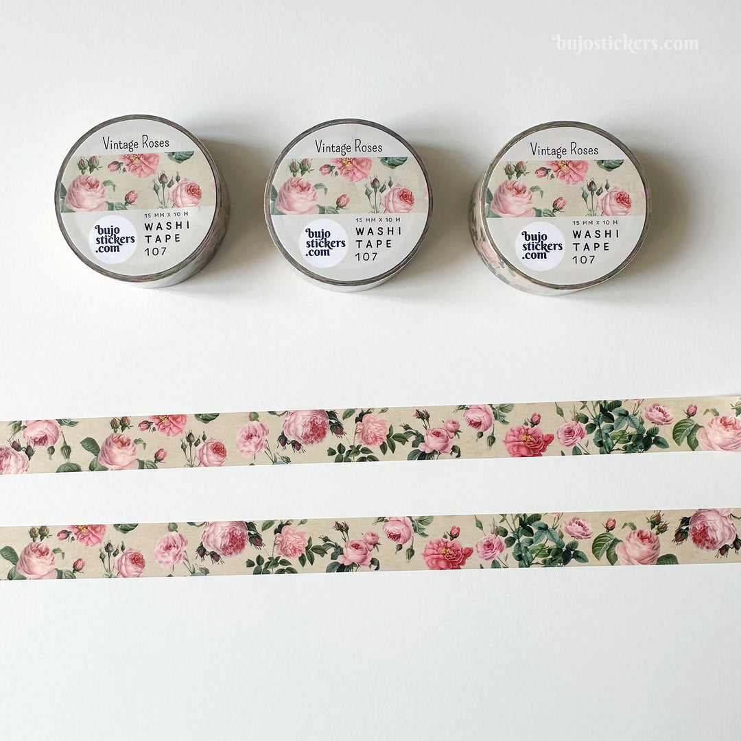 Washi tape 107 • Vintage Roses in pink, green and beige • 15 mm x 10 m