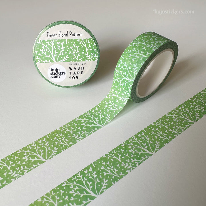 Washi tape 109  • Floral pattern on green watercolour background • 15 mm x 10 m
